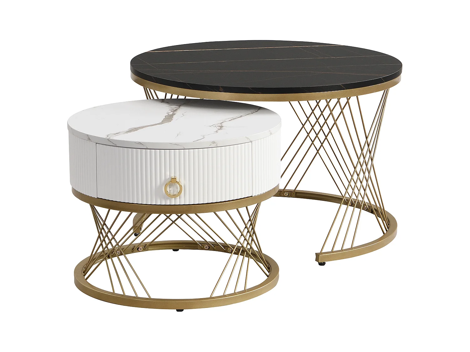 Set van 2 in elkaar passende salontafels 70x70x45 cm bijzettafel met lades zwart-wit MDF materiaal voor woonkamer