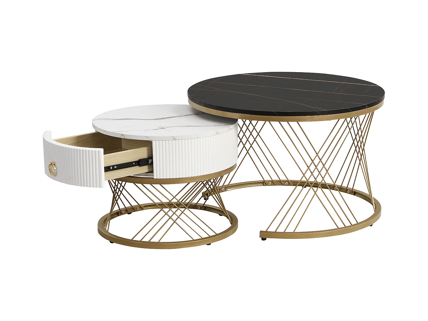 Set van 2 in elkaar passende salontafels 70x70x45 cm bijzettafel met lades zwart-wit MDF materiaal voor woonkamer