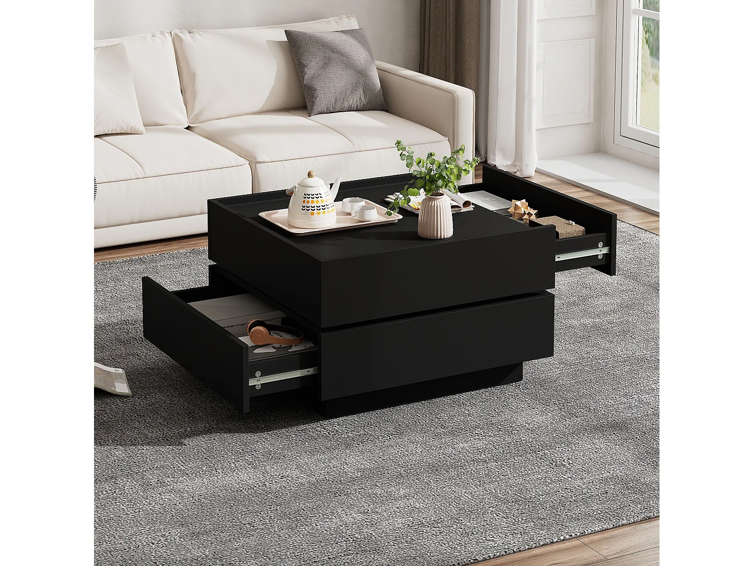 Table basse 60x60x38 cm meuble moderne gain d'espace pratique bois salon noir