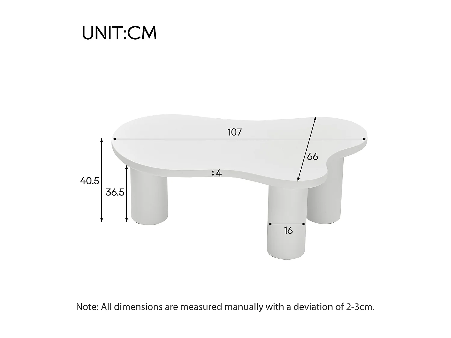 Salontafel 107x66x40.5cm wolkenvorm, MDF blad gelakt, PVC poten met vilt, wit