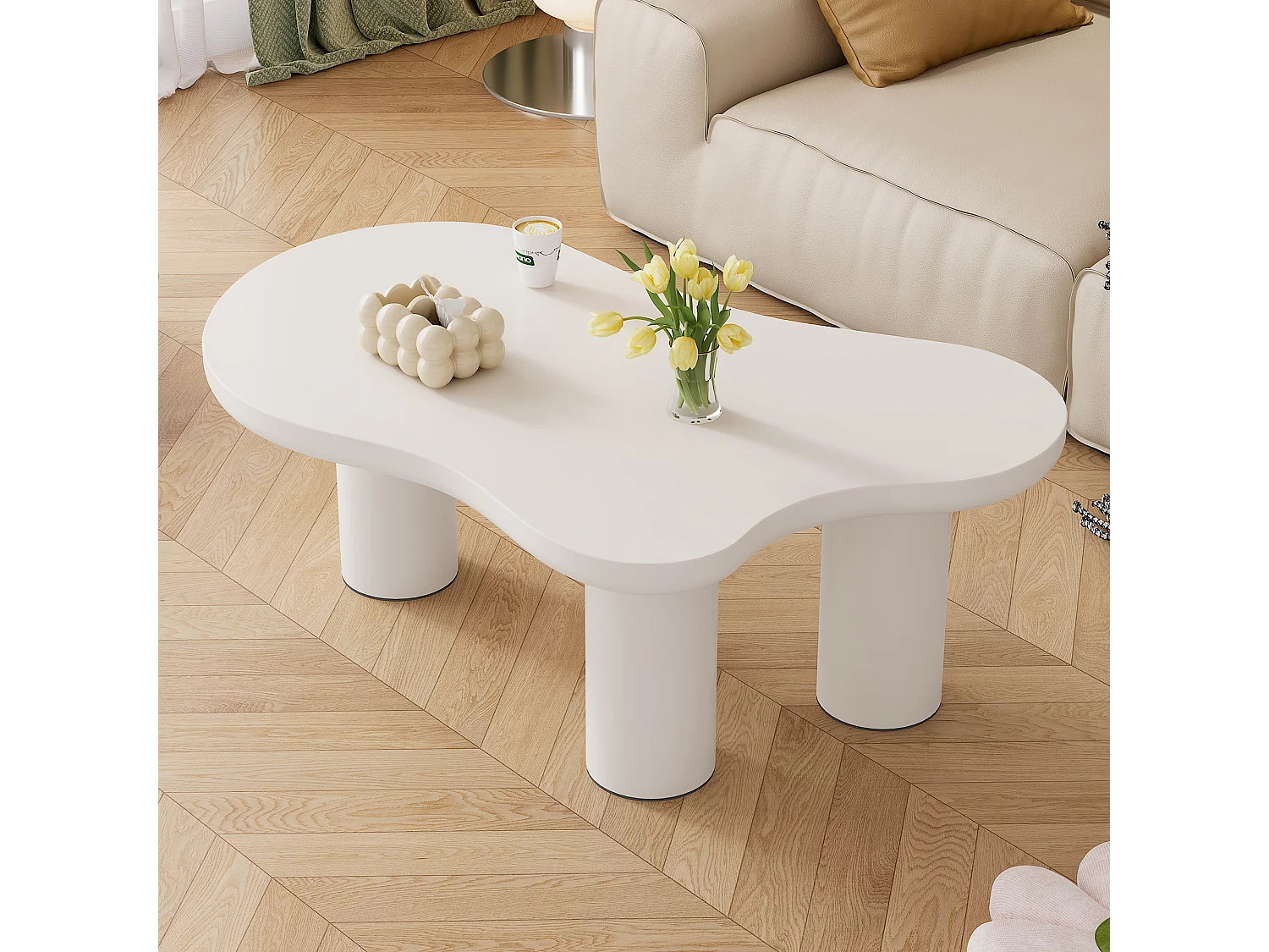 Table basse 107x66x40.5 cm, forme nuage, surface laquée facile à nettoyer, patins en feutre, MDF blanc
