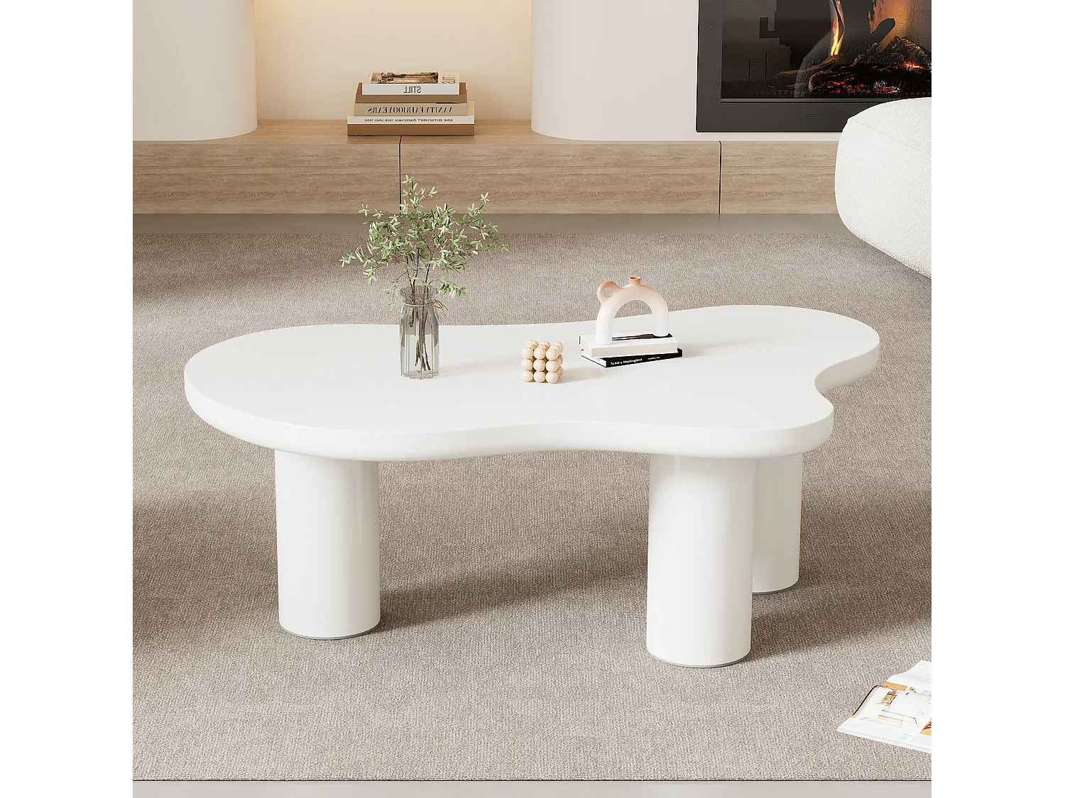 Table basse 107x66x40.5 cm, forme nuage, surface laquée facile à nettoyer, patins en feutre, MDF blanc