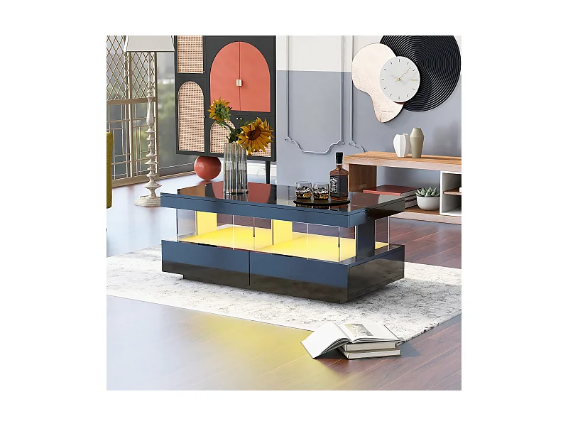 Table basse 100x60x49.5 cm plateau brillant anti-rayures surface lisse noir salon