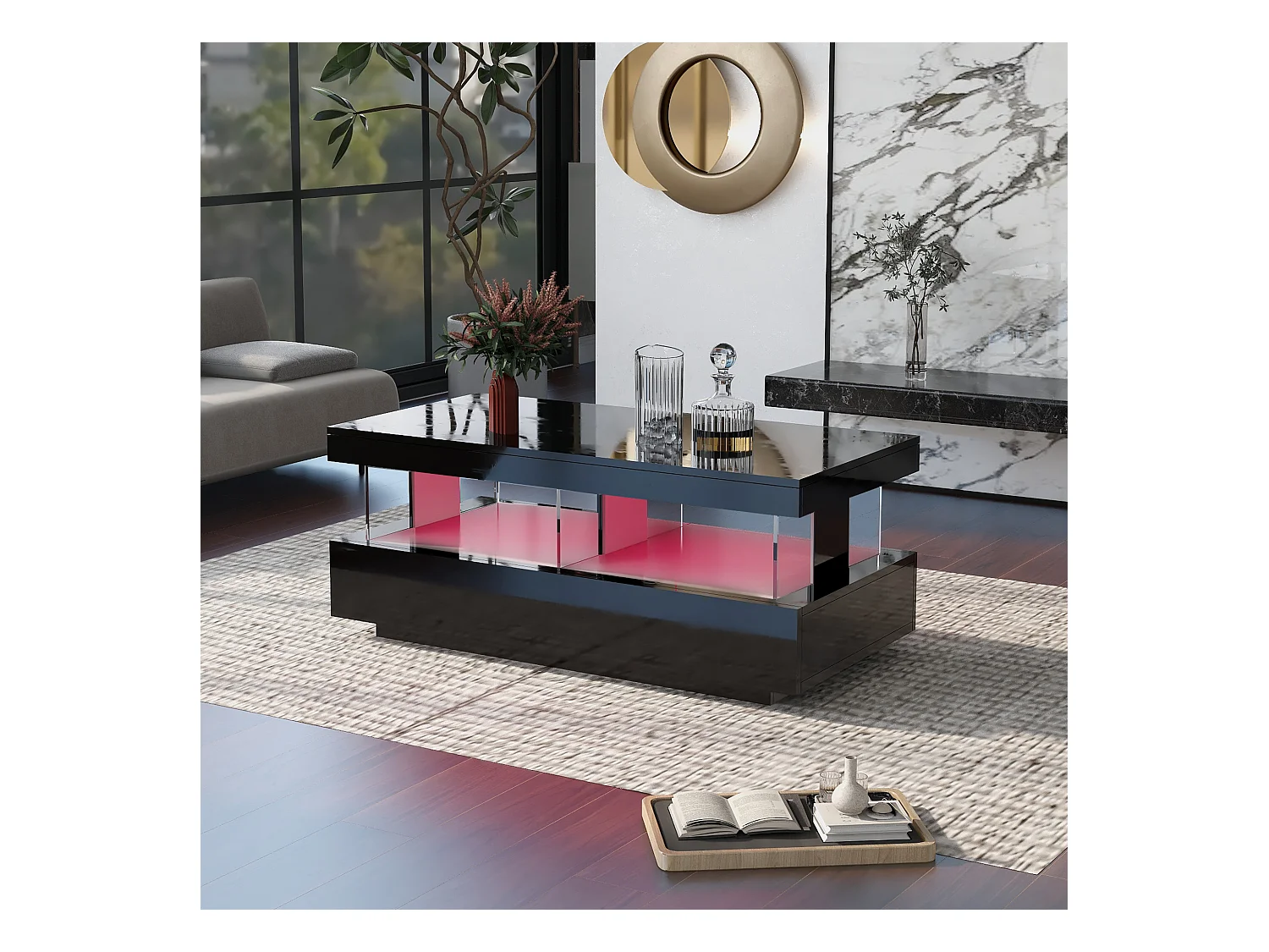 Table basse 100x60x49.5 cm plateau brillant anti-rayures surface lisse noir salon