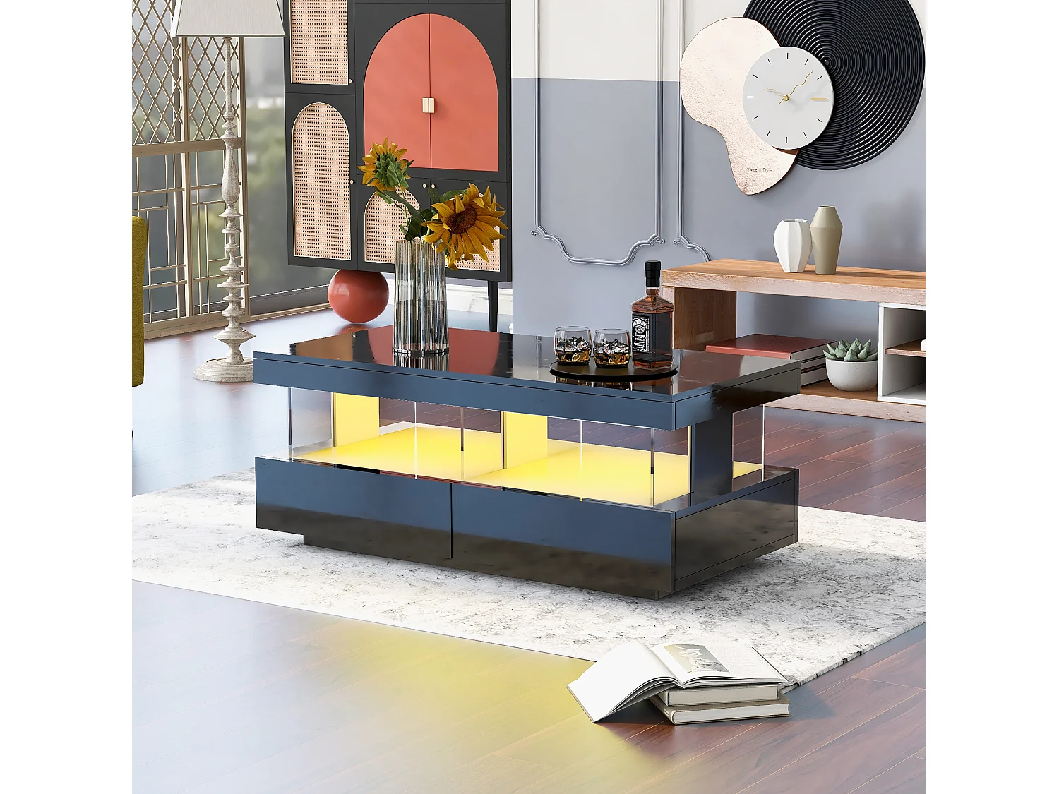 Table basse 100x60x49.5 cm, 2 tiroirs de rangement, éclairage LED, plateau facile à nettoyer, panneaux de particules noir