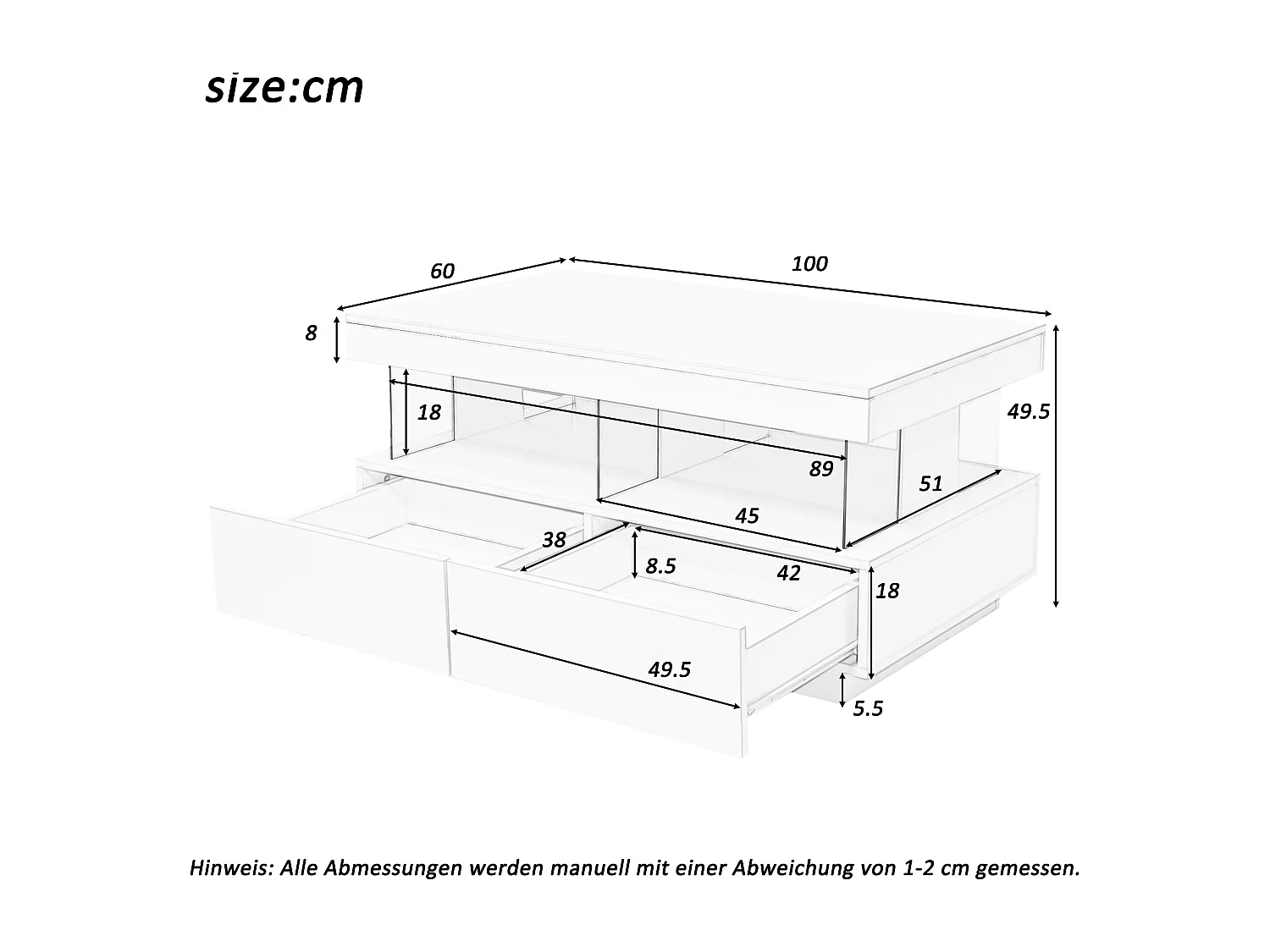 Table basse 100x60x49.5 cm, 2 tiroirs de rangement, éclairage LED, plateau facile à nettoyer, panneaux de particules noir