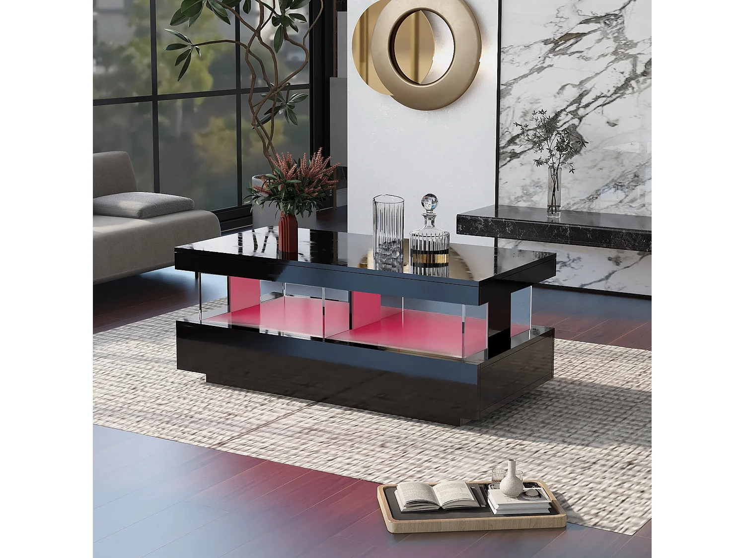 Table basse 100x60x49.5 cm, 2 tiroirs de rangement, éclairage LED, plateau facile à nettoyer, panneaux de particules noir