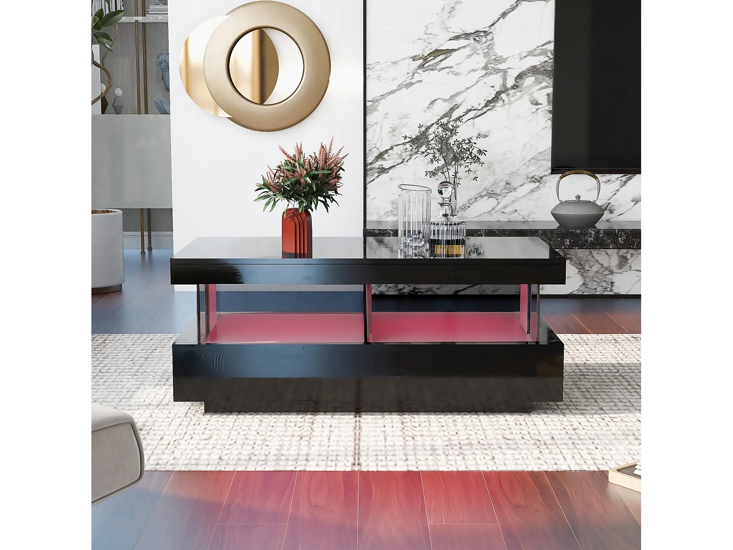 Table basse 100x60x49.5 cm, 2 tiroirs de rangement, éclairage LED, plateau facile à nettoyer, panneaux de particules noir