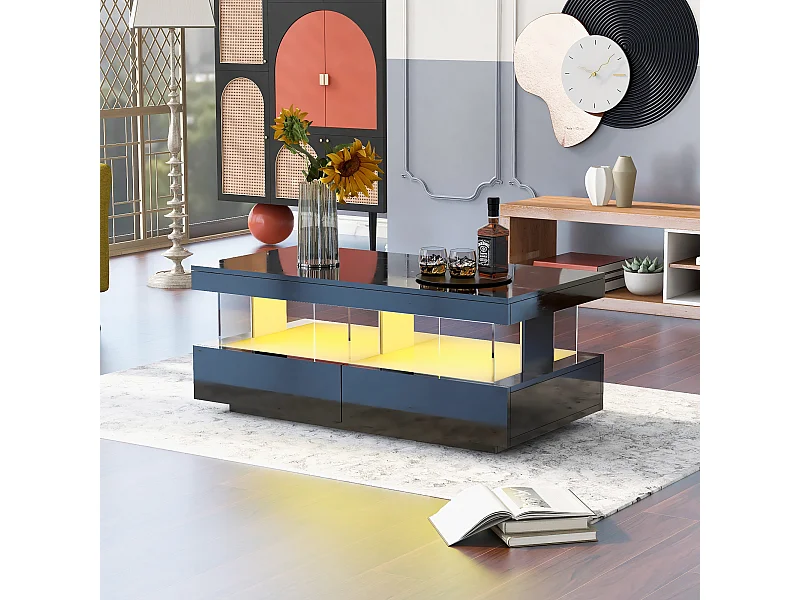 Table basse 100x60x49.5 cm plateau brillant anti-rayures surface lisse noir salon