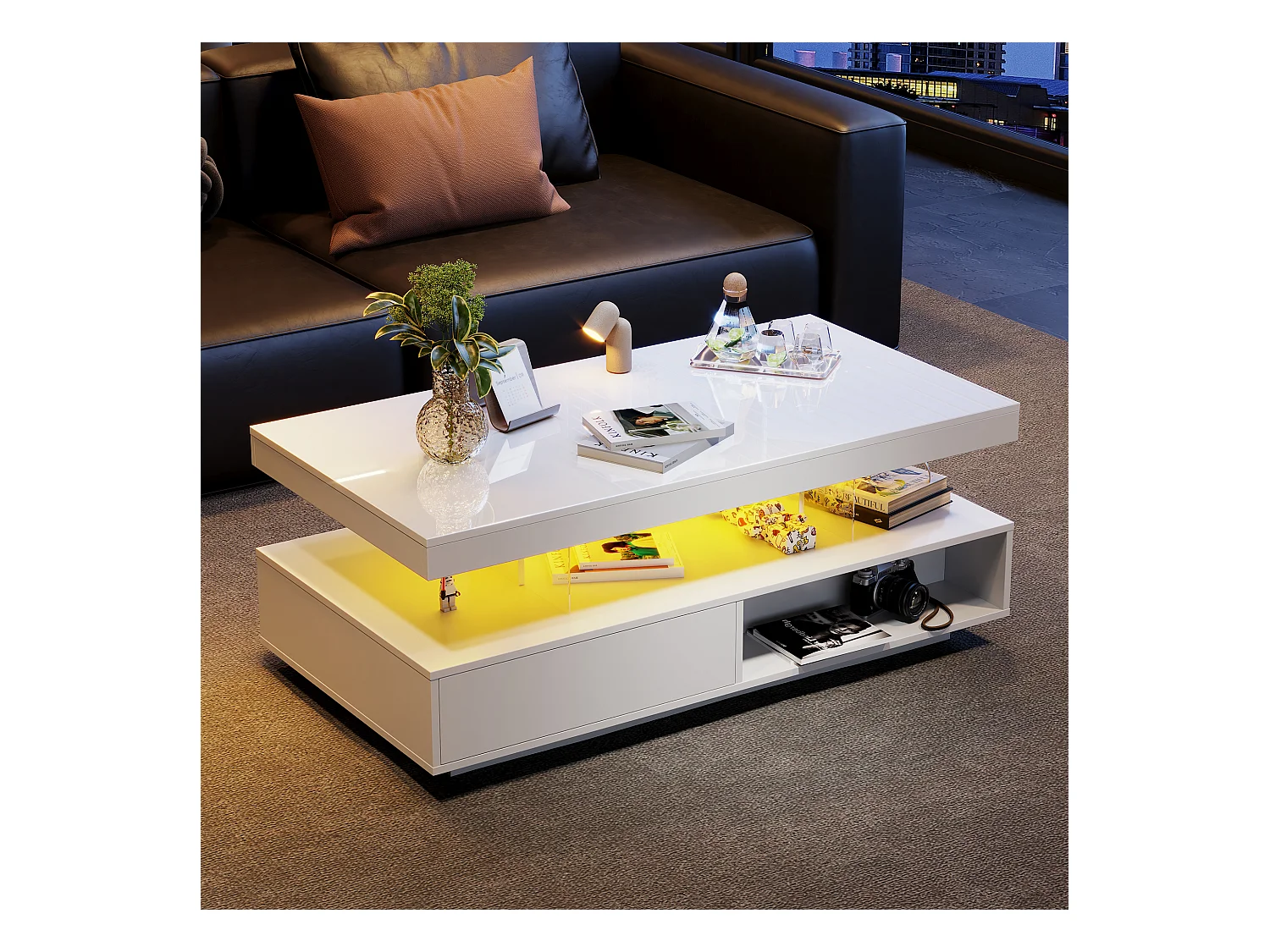 Table basse 95x50x42.5 cm brillant 4 plateaux verre 2 tiroirs 2 étagères blanc pour salon