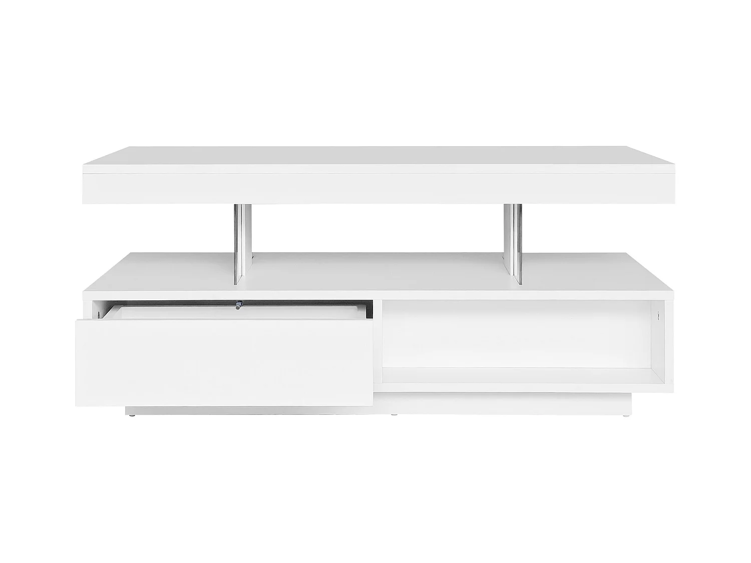 Table basse 95x50x42.5 cm brillant 4 plateaux verre 2 tiroirs 2 étagères blanc pour salon