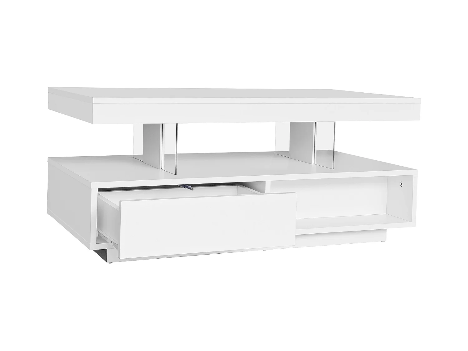 Table basse 95x50x42.5 cm brillant 4 plateaux verre 2 tiroirs 2 étagères blanc pour salon