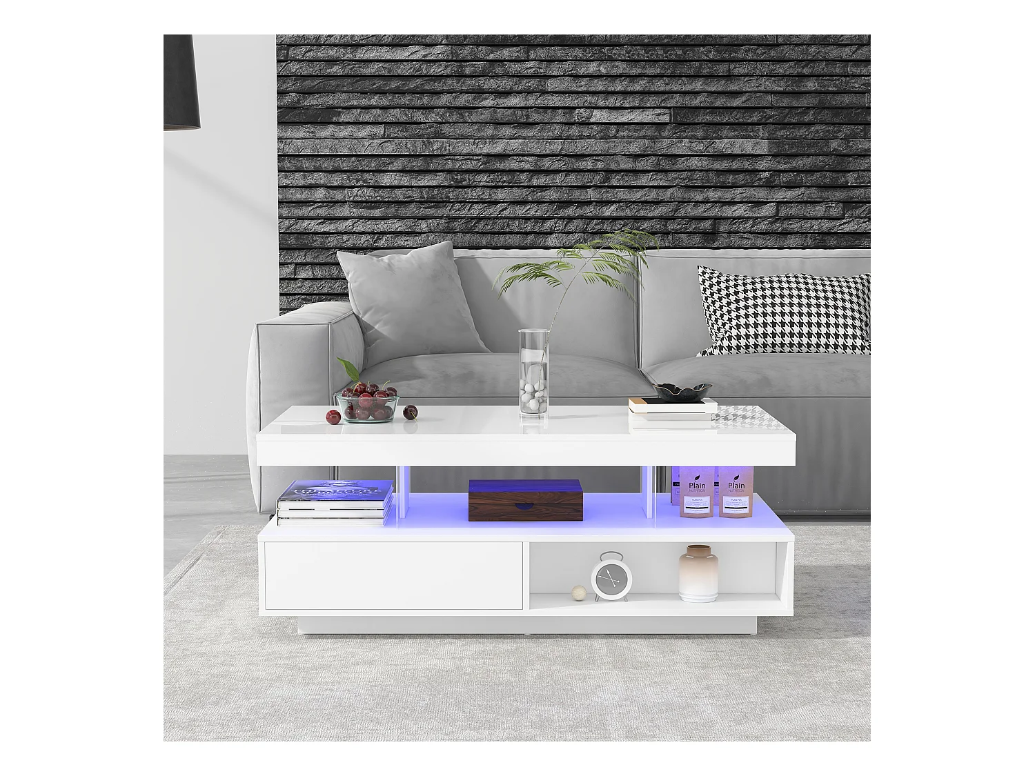 Table basse 95x50x42.5 cm brillant 4 plateaux verre 2 tiroirs 2 étagères blanc pour salon