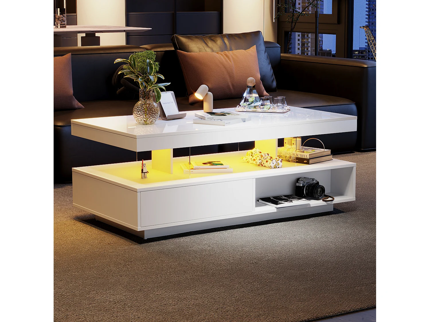 Table basse 95x50x42.5 cm brillant 4 plateaux verre 2 tiroirs 2 étagères blanc pour salon