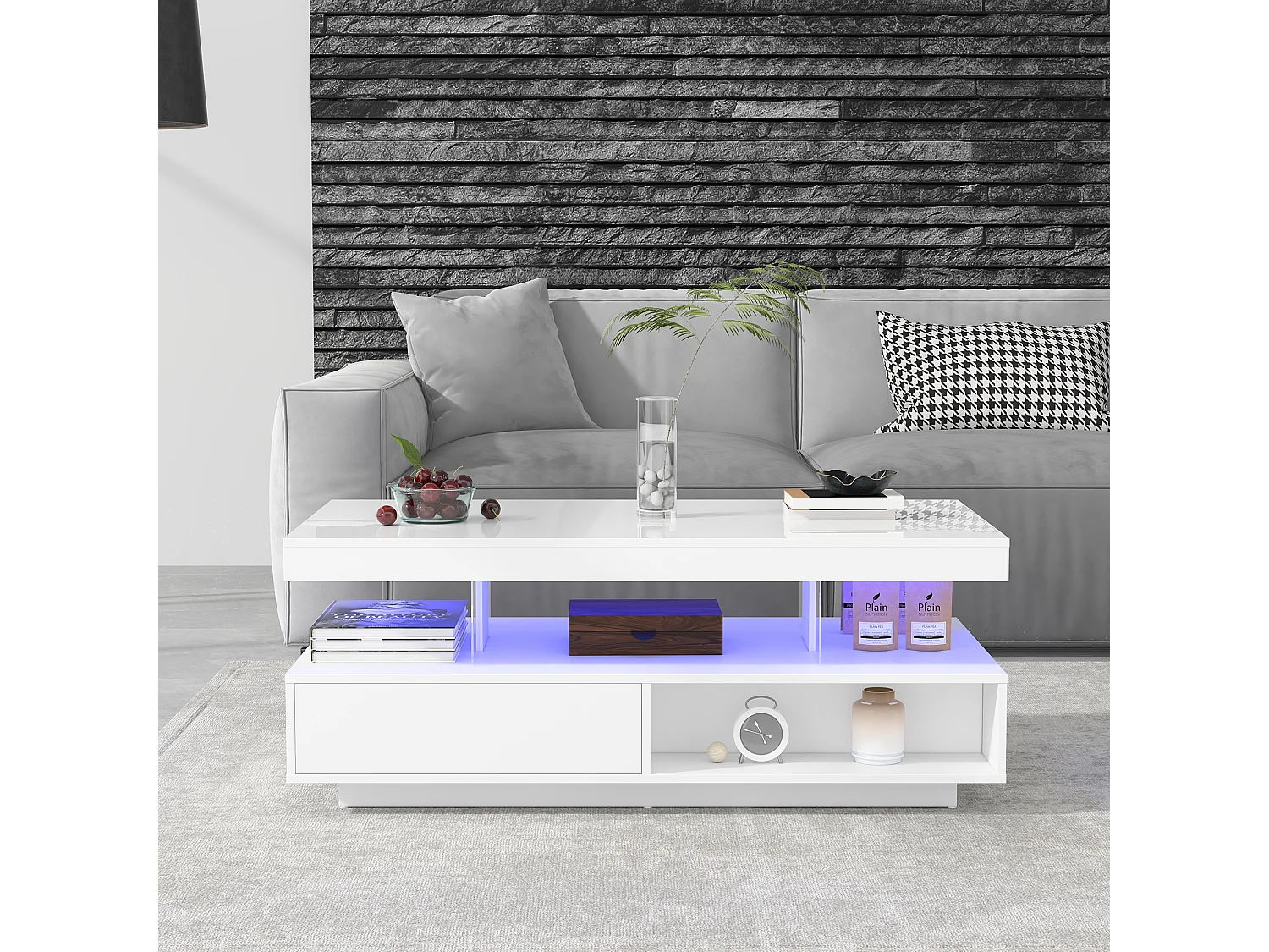 Table basse 95x50x42.5 cm brillant 4 plateaux verre 2 tiroirs 2 étagères blanc pour salon