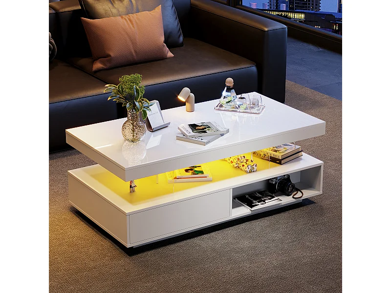 Salontafel 95x50x425 cm glanzend 4 glazen bladen 2 lades 2 planken wit voor woonkamer