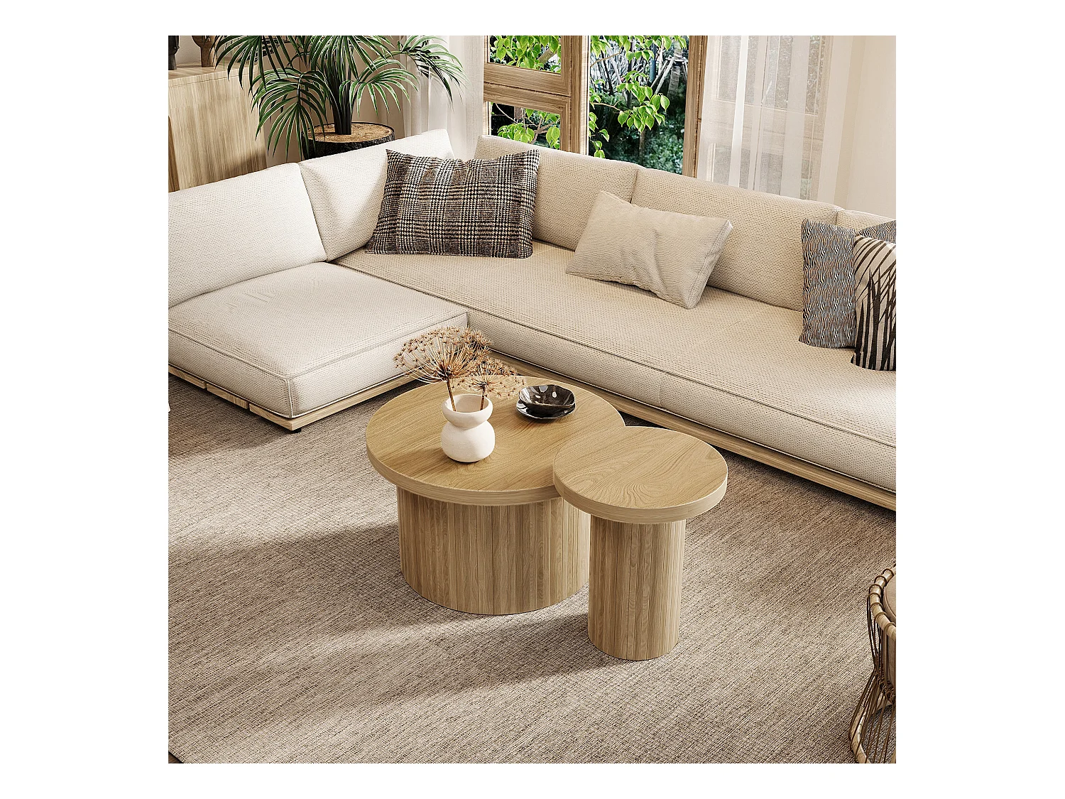 Set van 2 salontafels 106x66x46 cm met grote en kleine tafels van MDF-materiaal in natuurlijke kleur voor de woonkamer