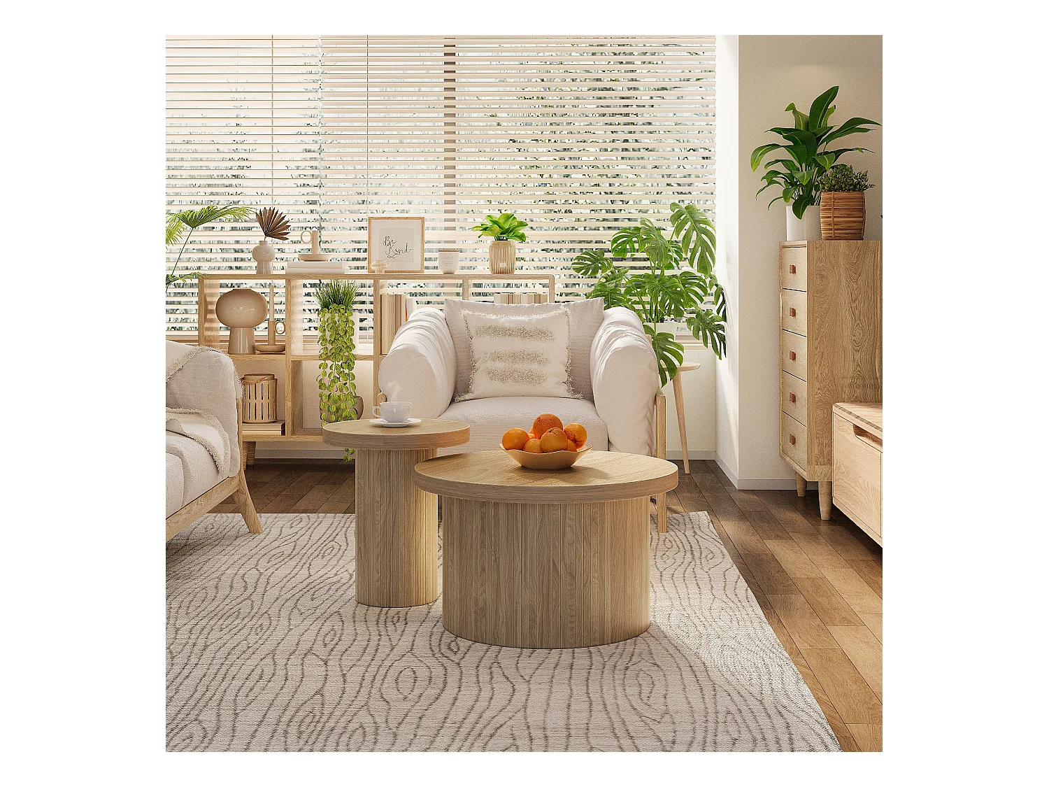 Set van 2 salontafels 106x66x46 cm met grote en kleine tafels van MDF-materiaal in natuurlijke kleur voor de woonkamer