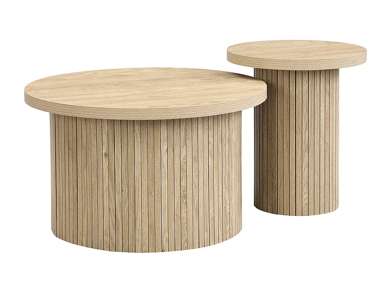Lot de 2 tables basses rondes 66x66x40 cm, modulables gain de place, pieds à lattes, MDF, naturel