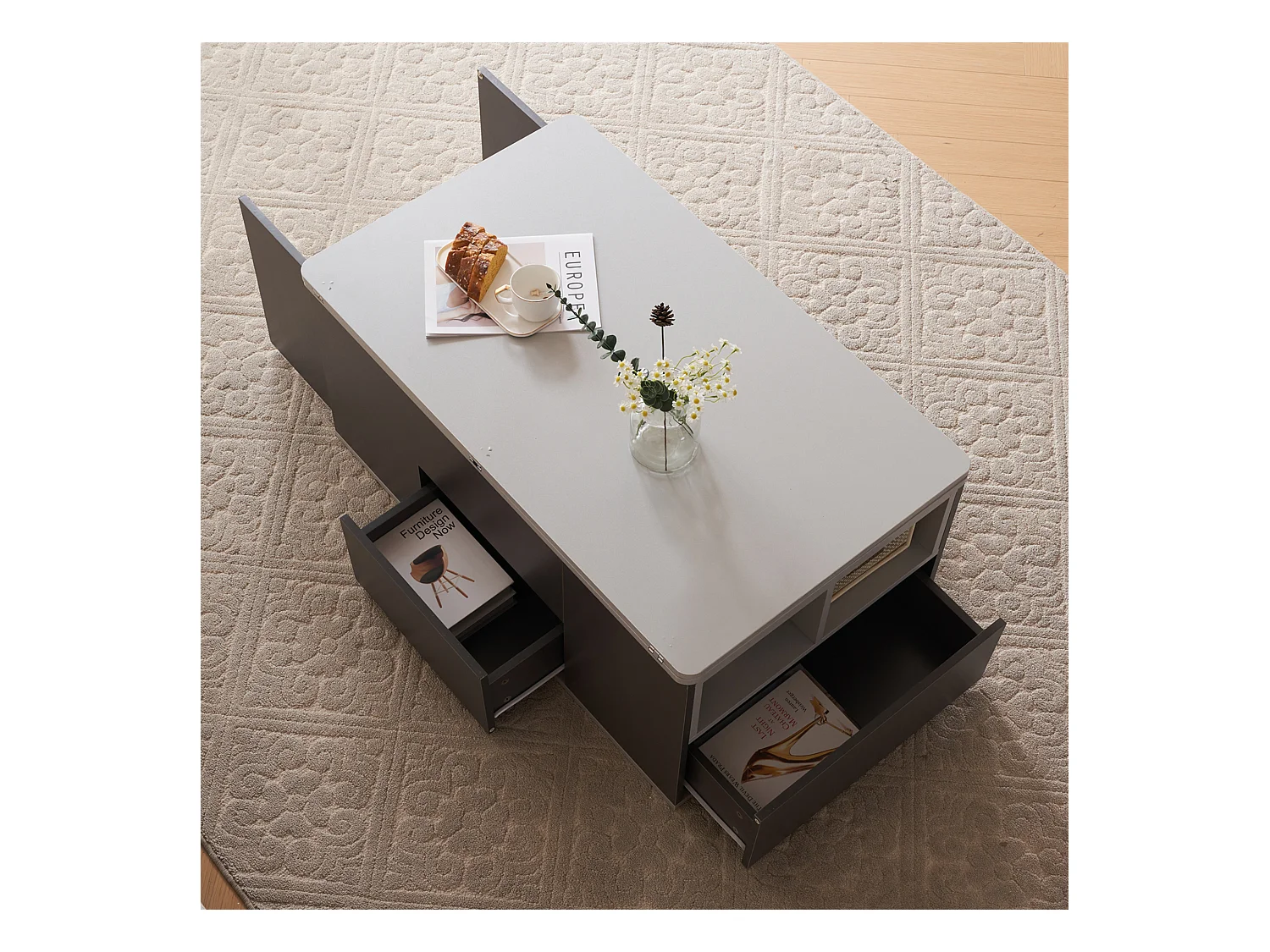 Table basse multifonction dépliable grande capacité gris foncé clair pour salon