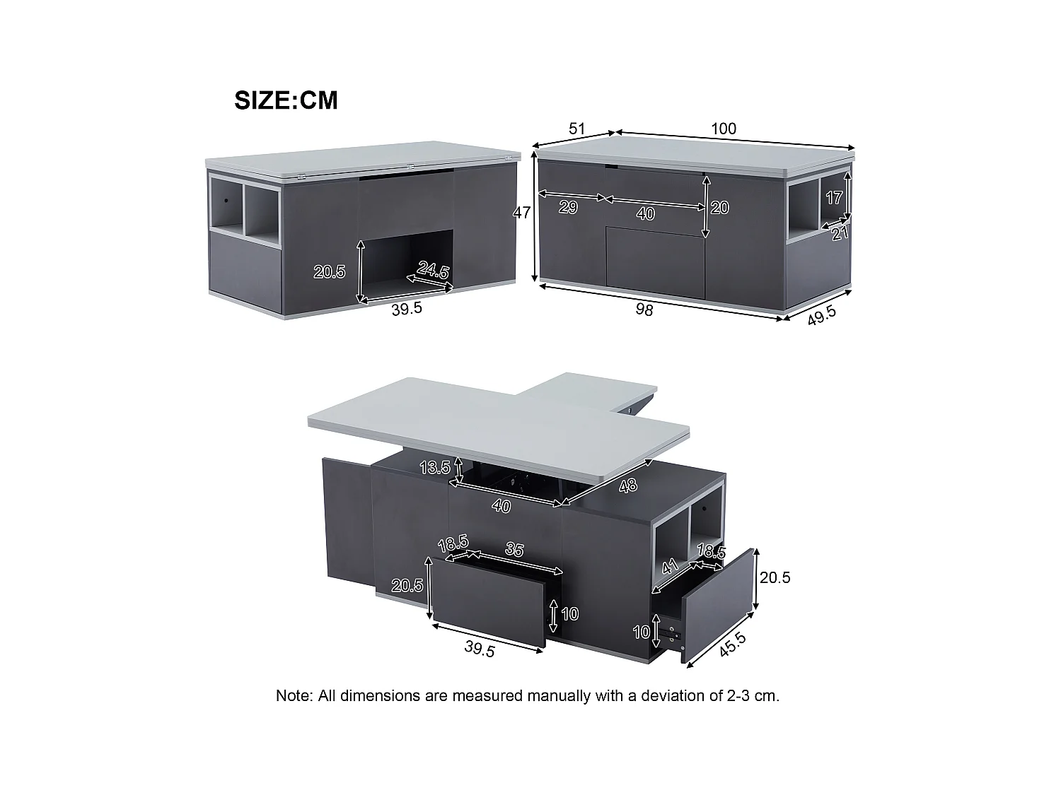 Table basse multifonction dépliable grande capacité gris foncé clair pour salon