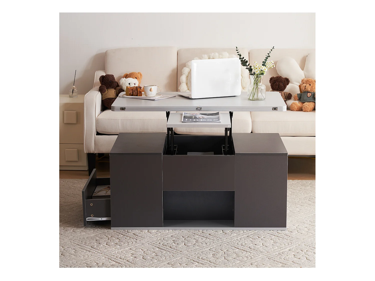 Table basse multifonction dépliable grande capacité gris foncé clair pour salon