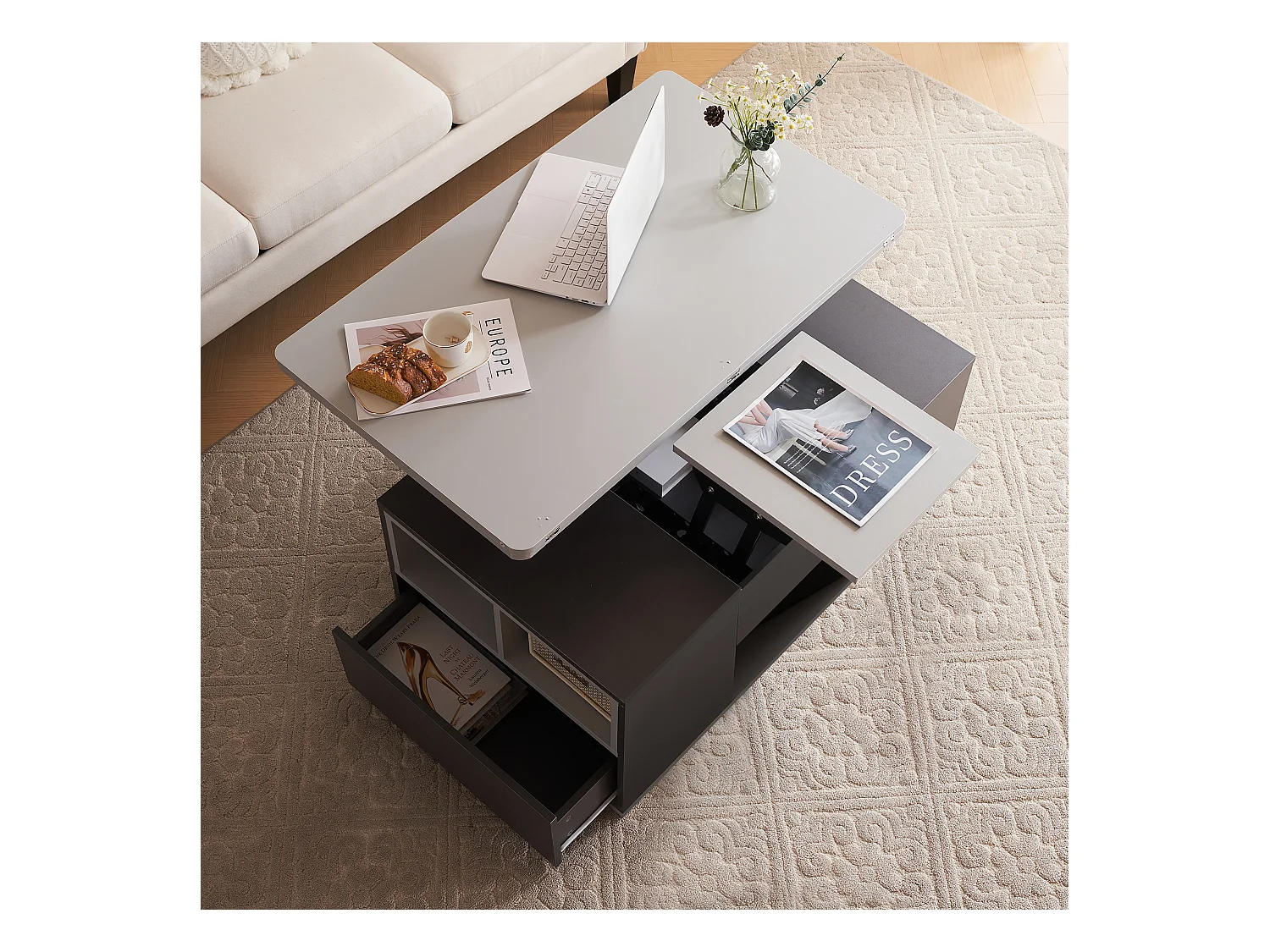 Table basse multifonction dépliable grande capacité gris foncé clair pour salon