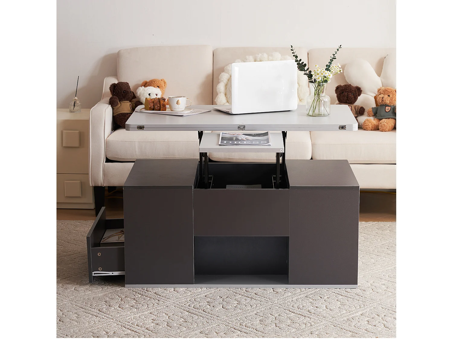 Table basse multifonction dépliable grande capacité gris foncé clair pour salon