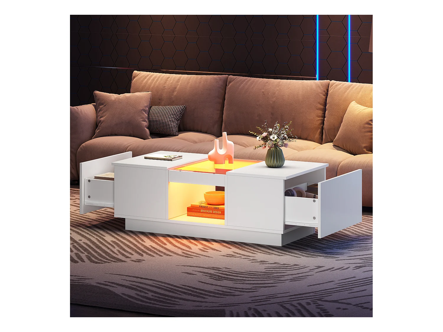Salontafel 100x50x355cm glas LED verlichting app 2 lades 1 plank wit voor woonkamer