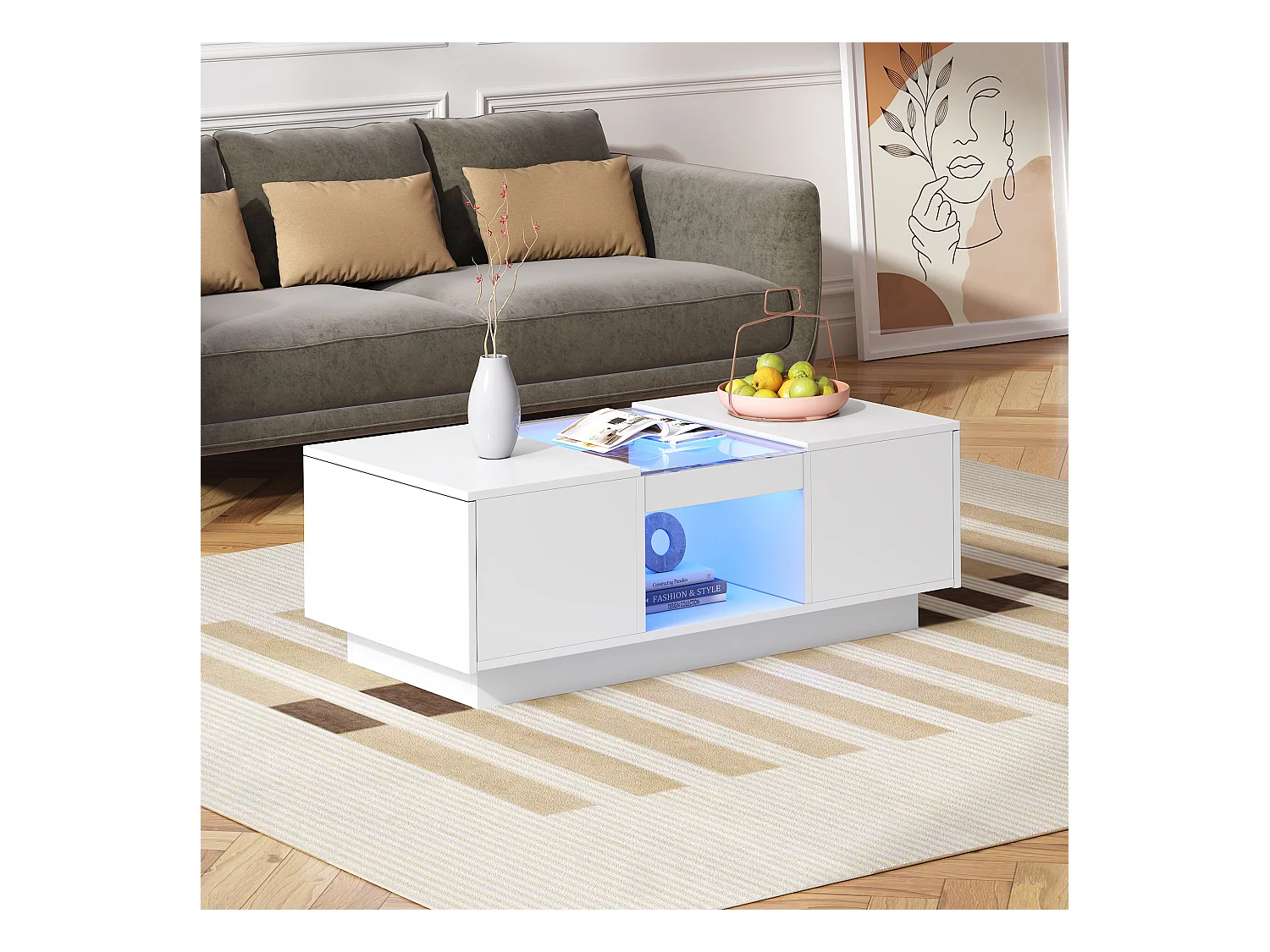 Salontafel 100x50x355cm glas LED verlichting app 2 lades 1 plank wit voor woonkamer