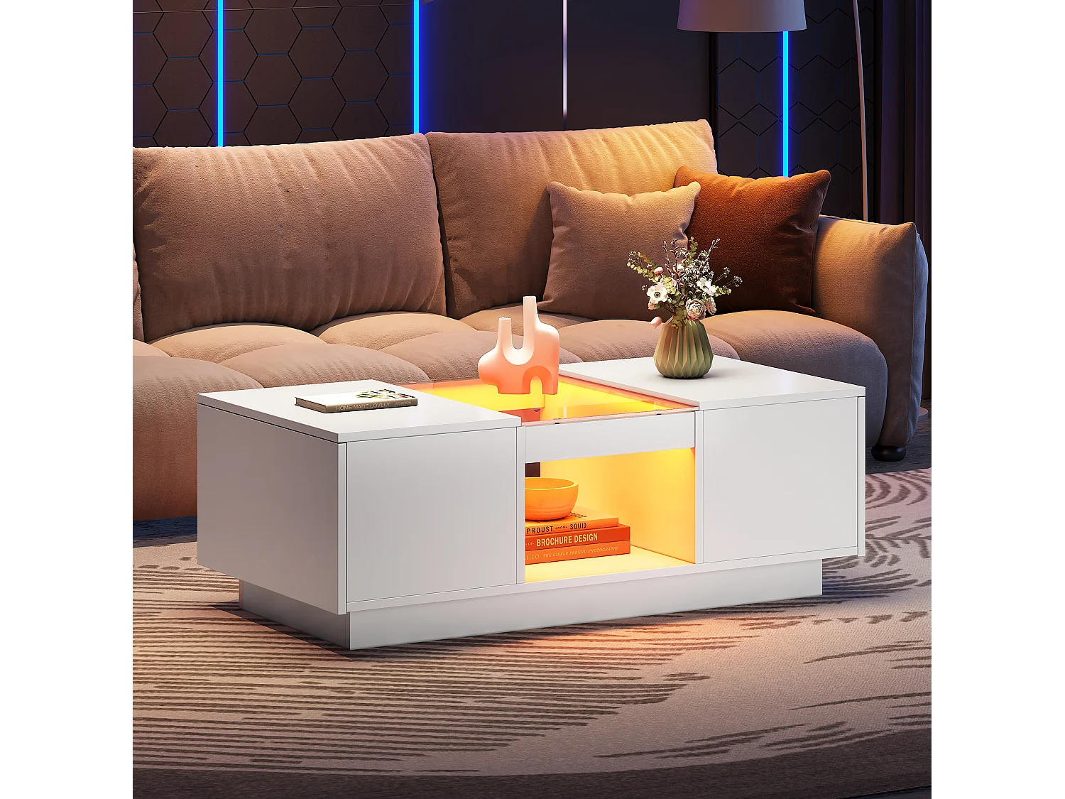 Table basse 100x50x35.5cm verre éclairage LED appli 2 tiroirs 1 étagère blanc pour salon
