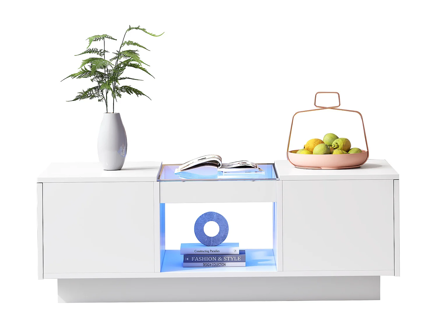 Table basse 100x50x35.5cm verre éclairage LED appli 2 tiroirs 1 étagère blanc pour salon