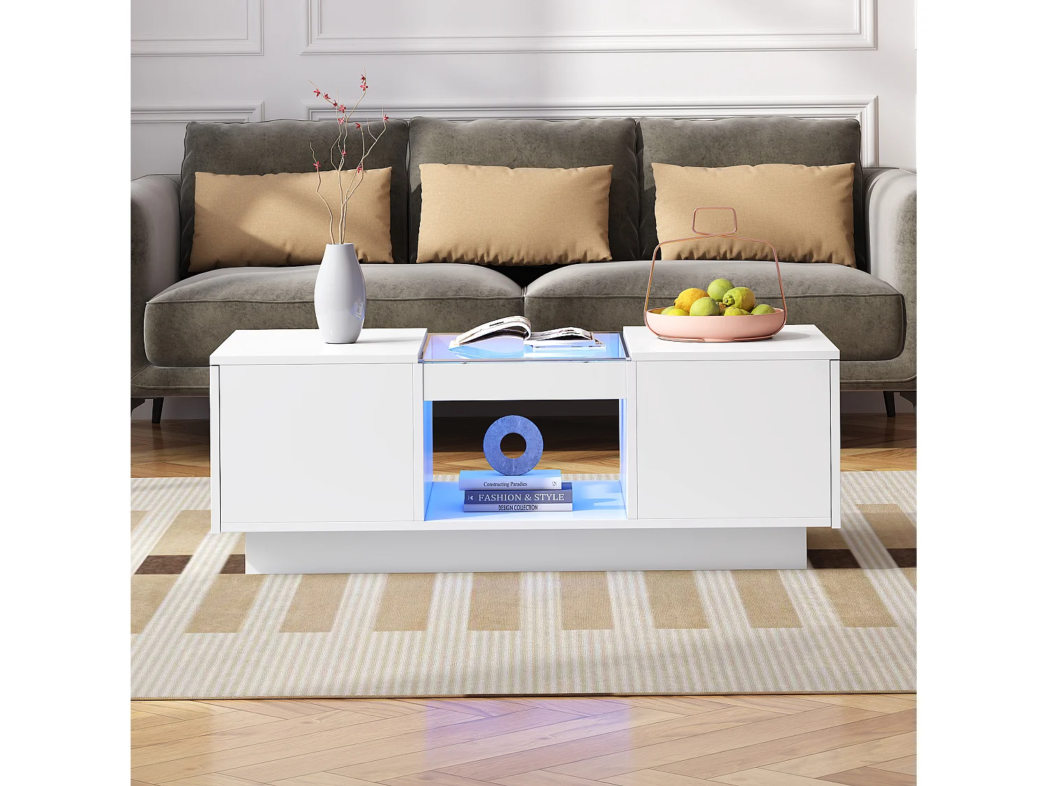 Table basse 100x50x35.5cm verre éclairage LED appli 2 tiroirs 1 étagère blanc pour salon