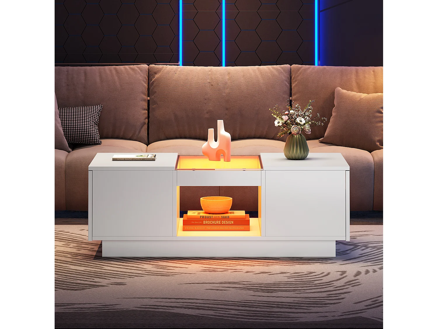 Table basse 100x50x35.5 cm, éclairage LED, contrôle par application, 2 tiroirs, 1 niche ouverte, panneau de particules blanc