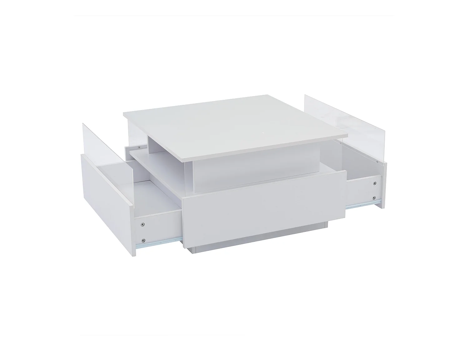 Table basse LED 70x70x41 cm verre brillant 2 tiroirs Blanc