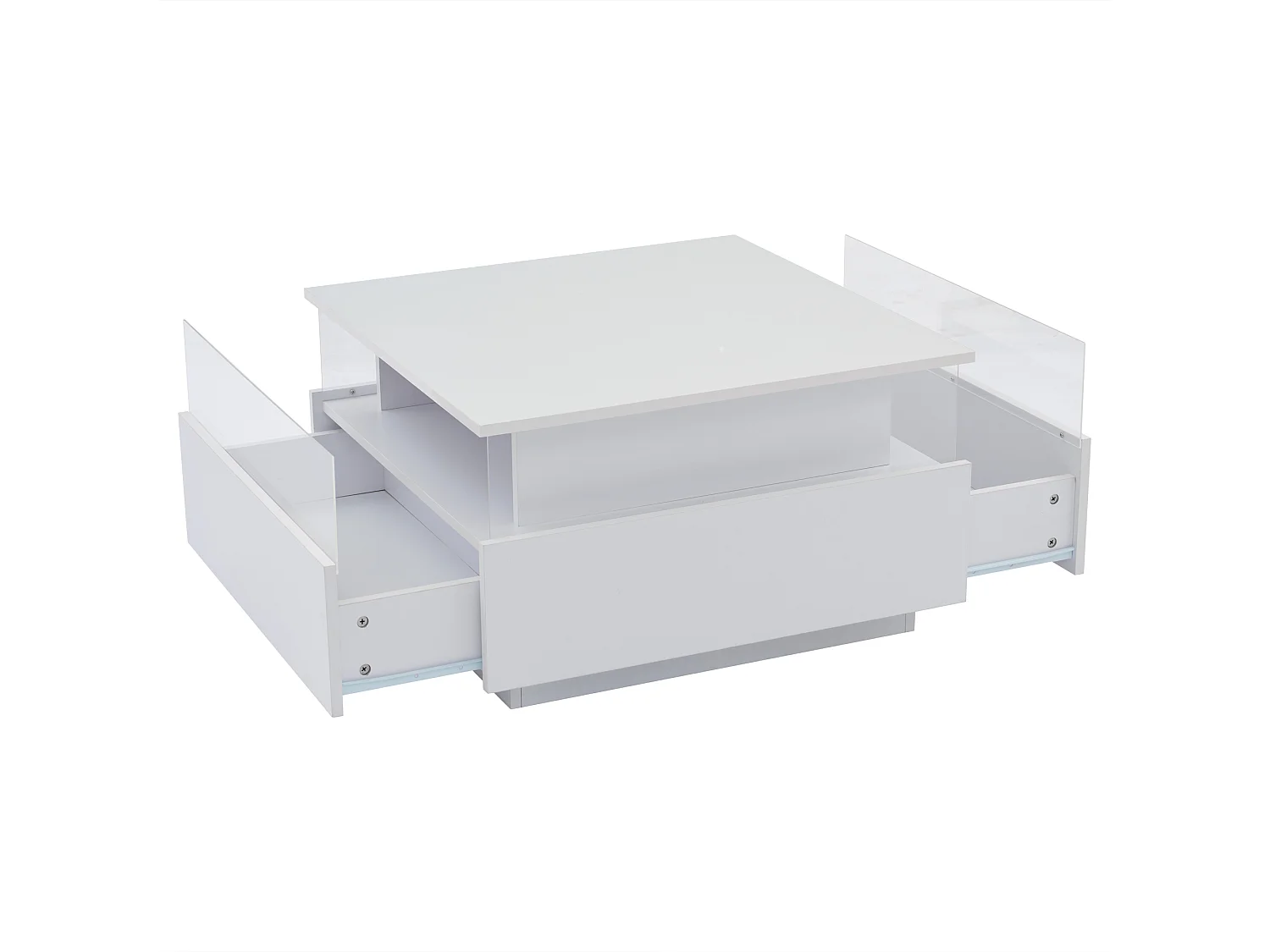 Table basse LED 70x70x41 cm verre brillant 2 tiroirs Blanc