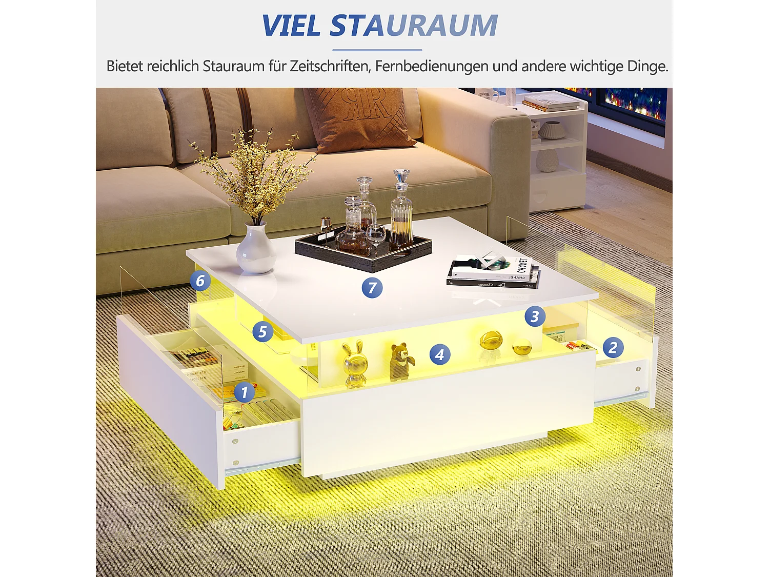 Table basse 70x70x41 cm, éclairage LED, 2 tiroirs, zone de présentation transparente, panneau de particules blanc