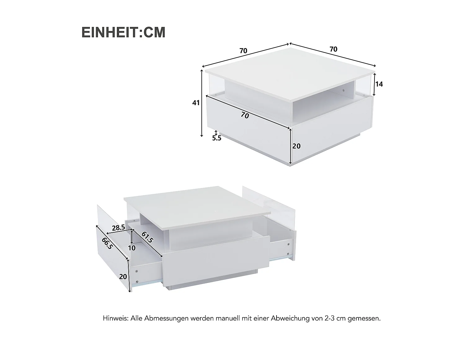 Table basse 70x70x41 cm, éclairage LED, 2 tiroirs, zone de présentation transparente, panneau de particules blanc