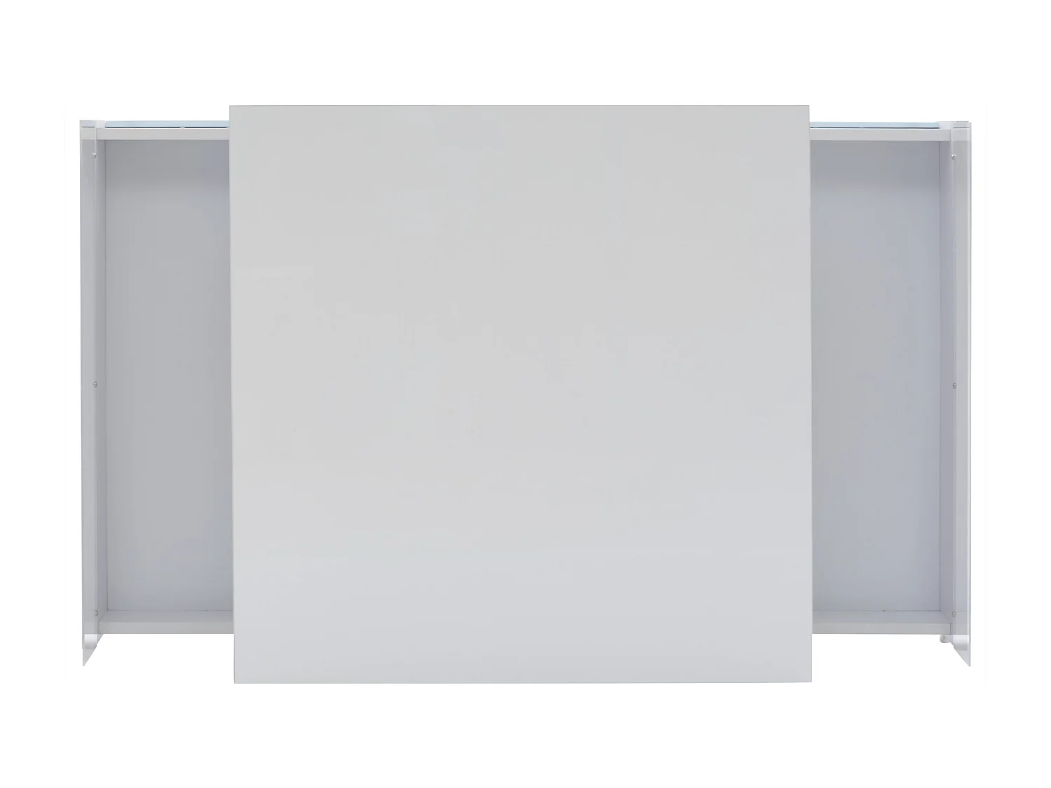 Table basse 70x70x41 cm, éclairage LED, 2 tiroirs, zone de présentation transparente, panneau de particules blanc