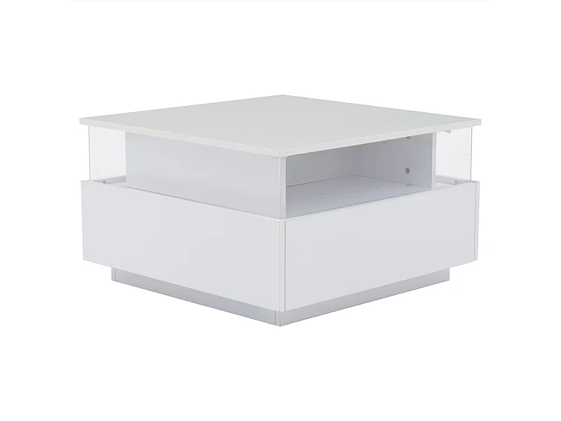 Table basse 70x70x41 cm, éclairage LED, 2 tiroirs, zone de présentation transparente, panneau de particules blanc