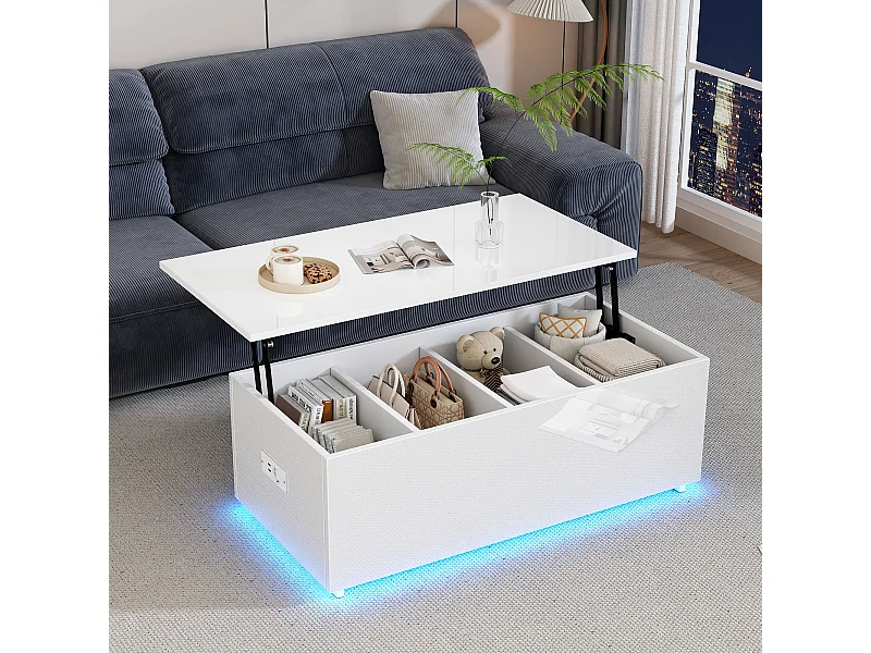 Table basse 100x50x35cm éclairage LED rangement caché hydraulique blanc salon moderne
