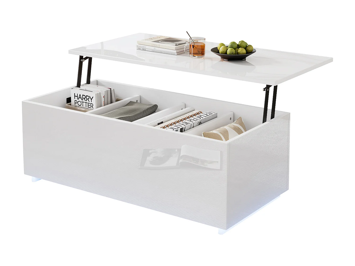 Table basse 100x50x35cm éclairage LED rangement caché hydraulique blanc salon moderne