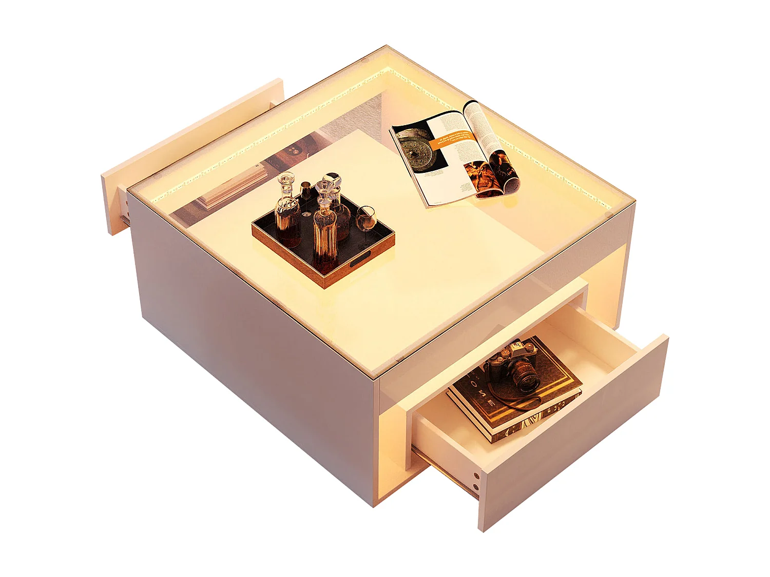 Table basse 70x70x35cm avec deux tiroirs LED bureaux et tables à manger en verre trempé en blanc pour salon