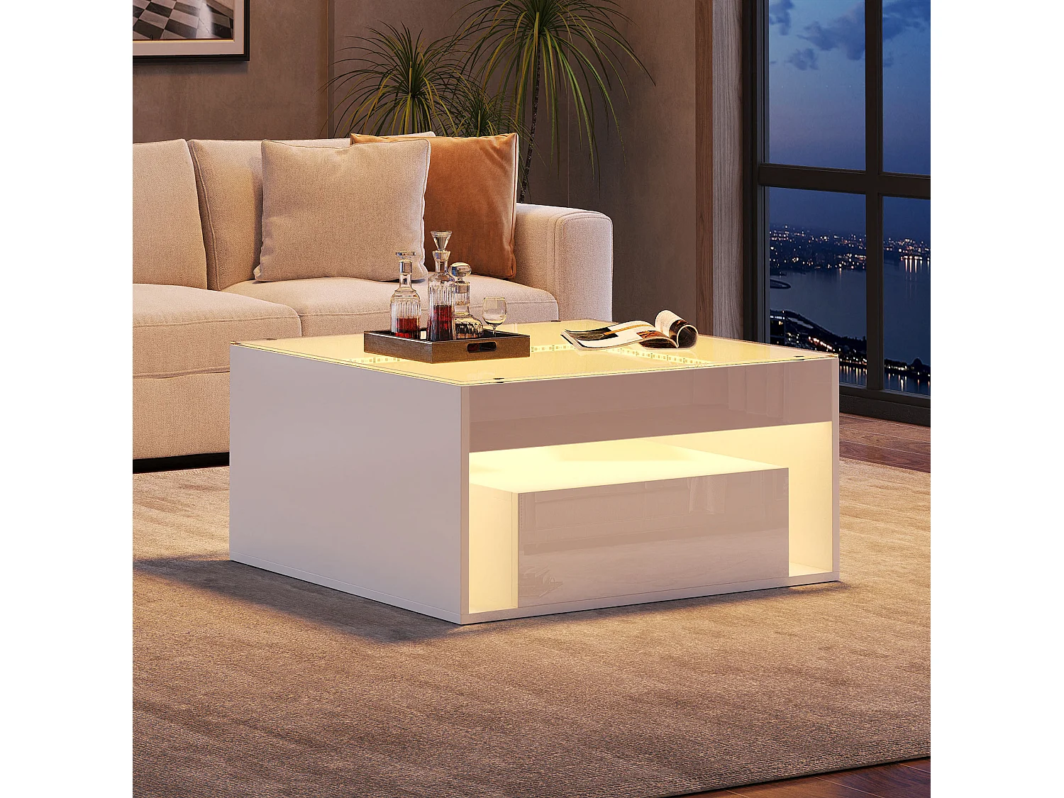 Table basse 70x70x35 cm, 2 tiroirs, éclairage LED, compartiment ouvert, MDF et verre trempé, blanc