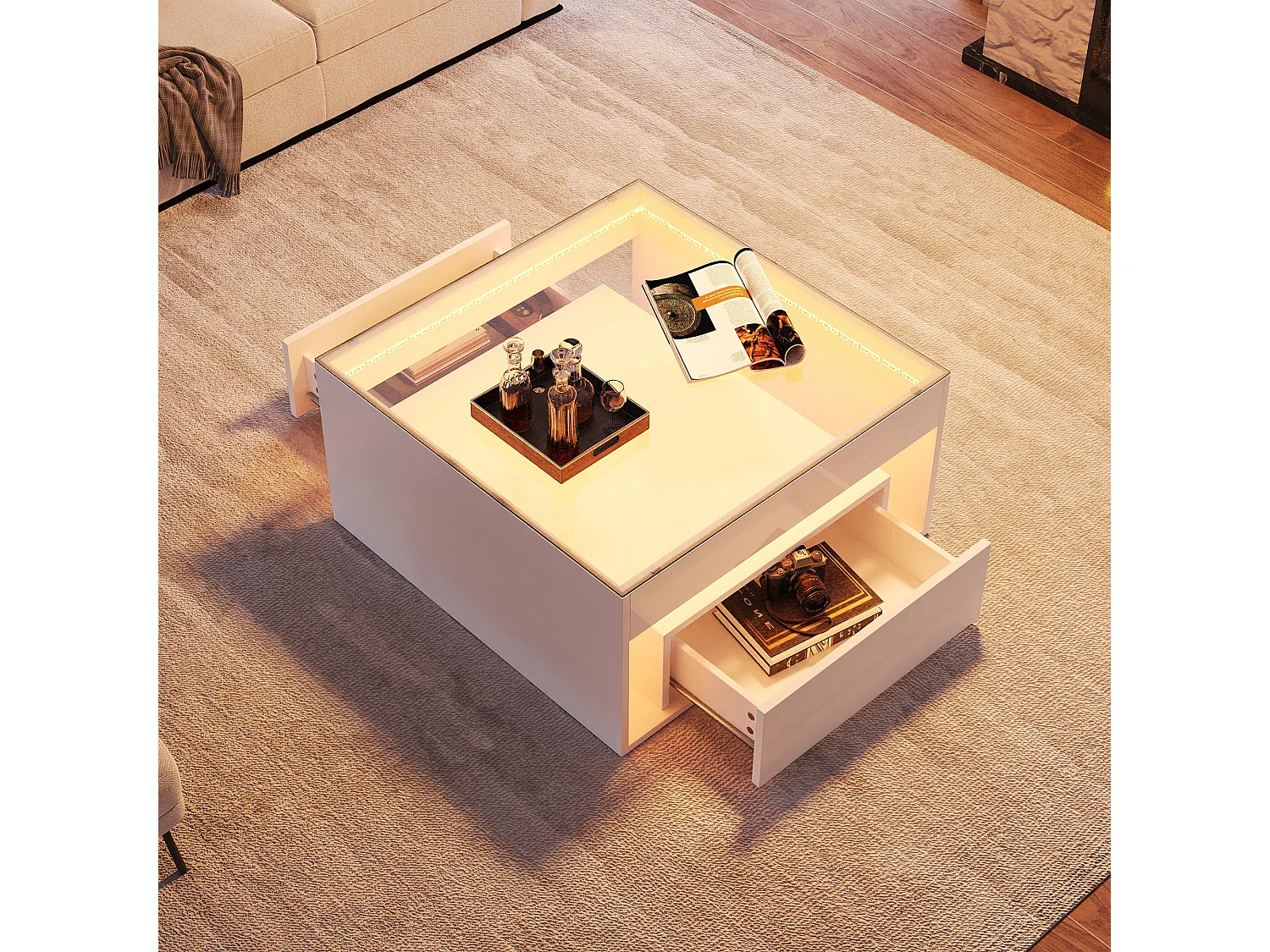 Table basse 70x70x35 cm, 2 tiroirs, éclairage LED, compartiment ouvert, MDF et verre trempé, blanc