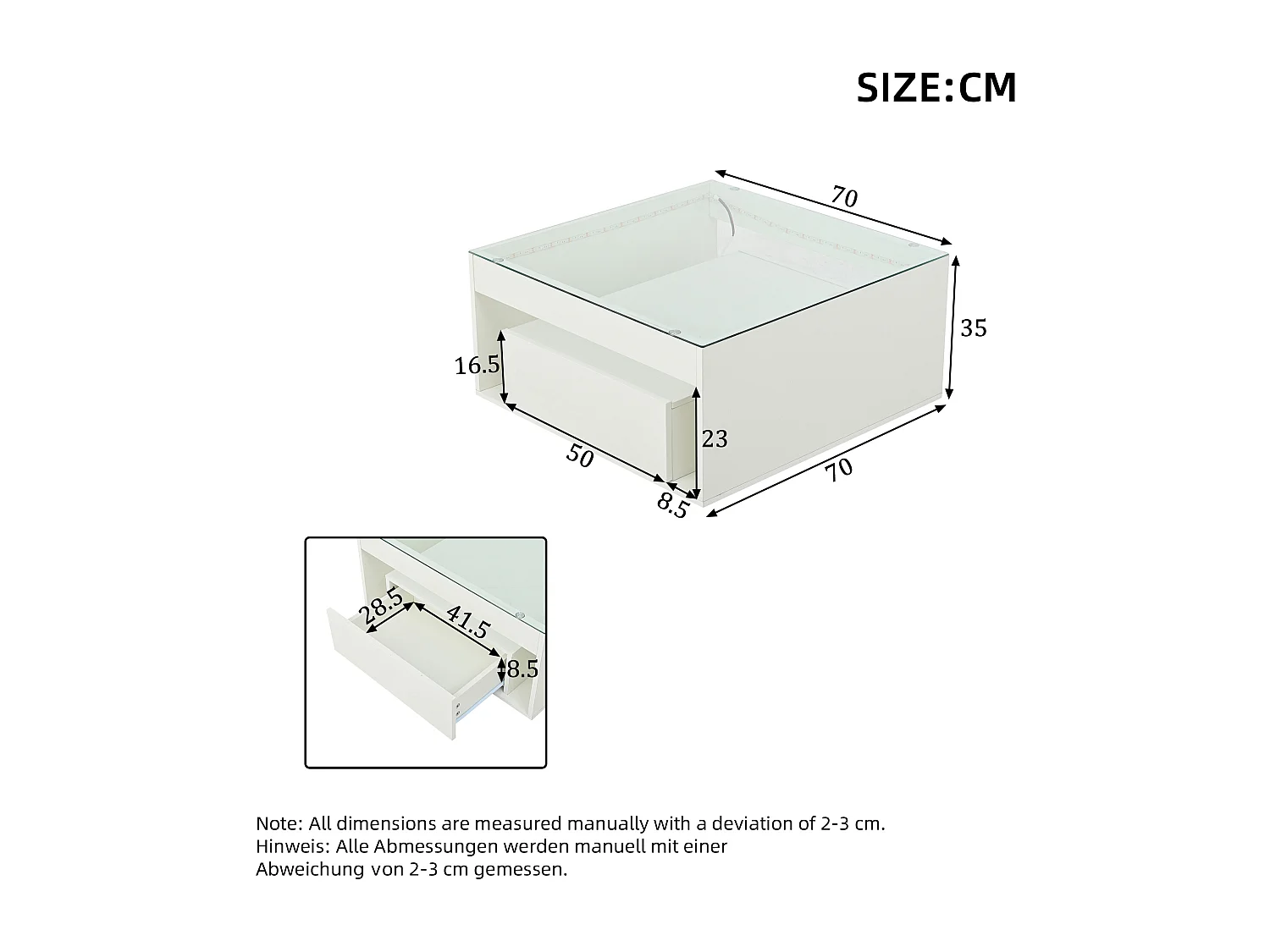 Table basse 70x70x35 cm, 2 tiroirs, éclairage LED, compartiment ouvert, MDF et verre trempé, blanc