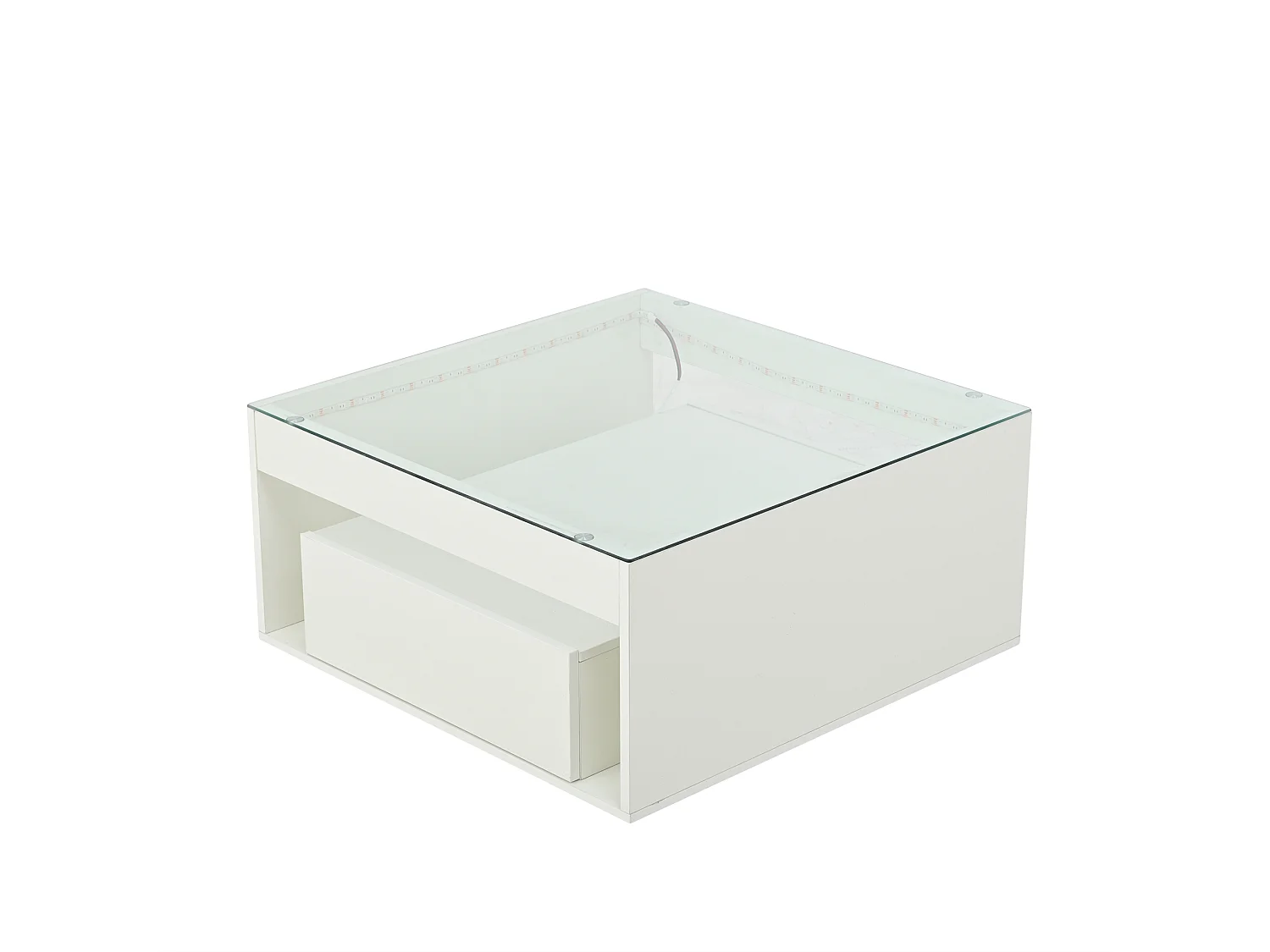 Table basse 70x70x35 cm, 2 tiroirs, éclairage LED, compartiment ouvert, MDF et verre trempé, blanc