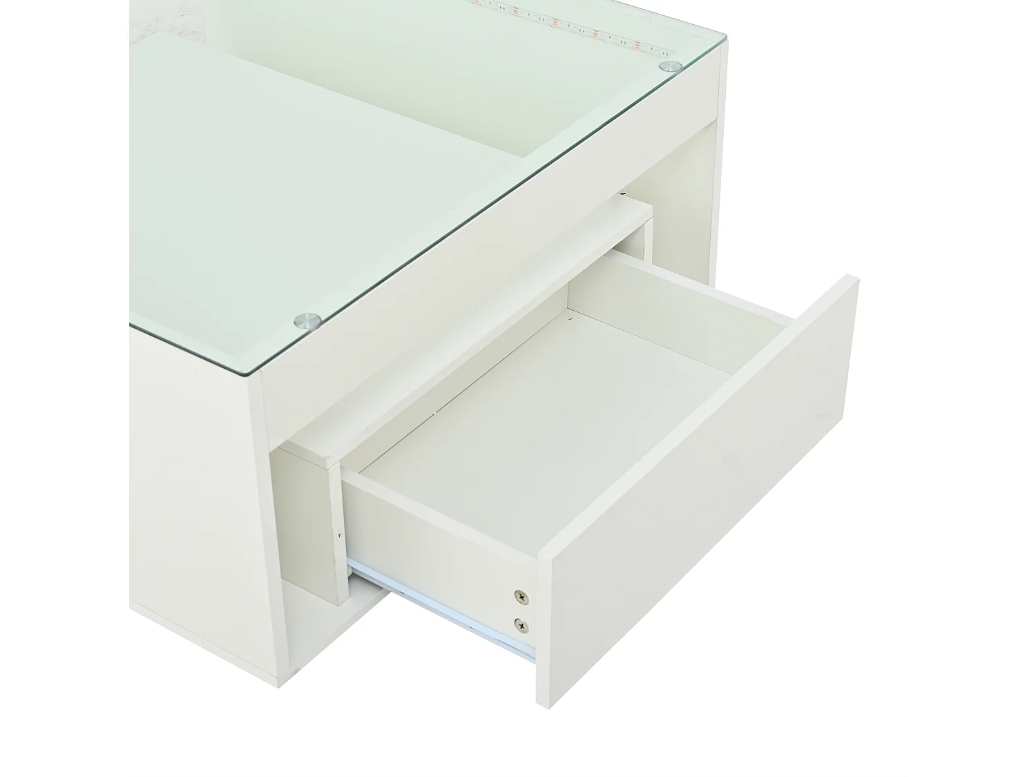 Table basse 70x70x35 cm, 2 tiroirs, éclairage LED, compartiment ouvert, MDF et verre trempé, blanc