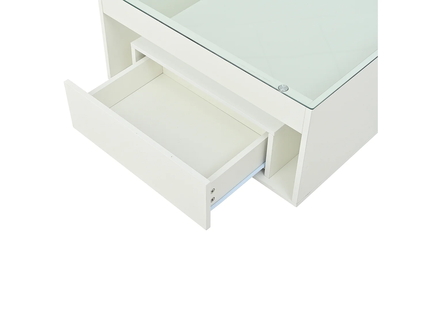 Table basse 70x70x35 cm, 2 tiroirs, éclairage LED, compartiment ouvert, MDF et verre trempé, blanc