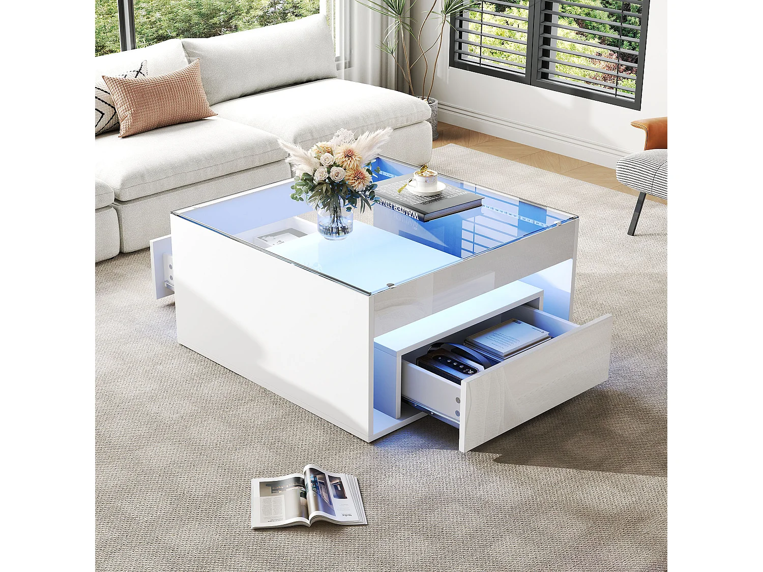 Table basse 70x70x35 cm, 2 tiroirs, éclairage LED, compartiment ouvert, MDF et verre trempé, blanc